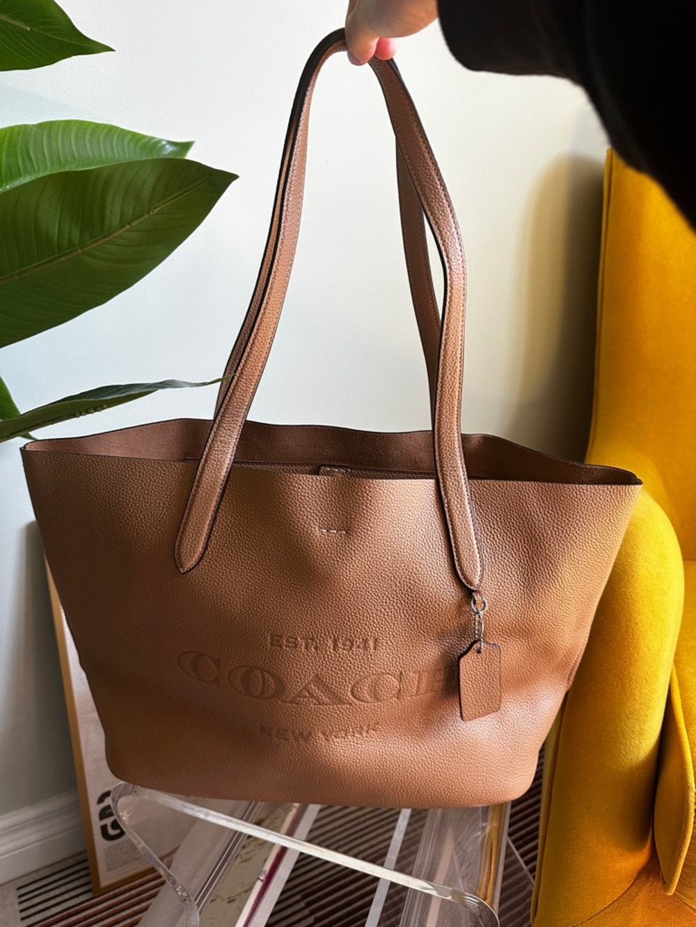 Coach Tan Pebbled Leather Tote with Embossed Logo